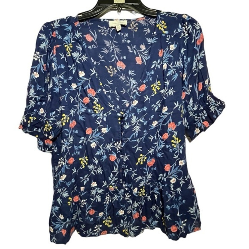 Lucky Brand Blue Floral, Short Sleeve, V Neck Top Sz SP